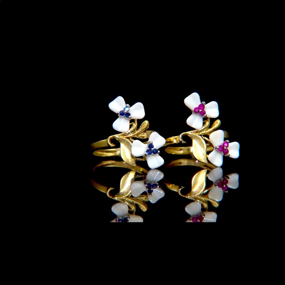 14K Yellow Gold Flower Ceramic & Pink Sapphire Ring